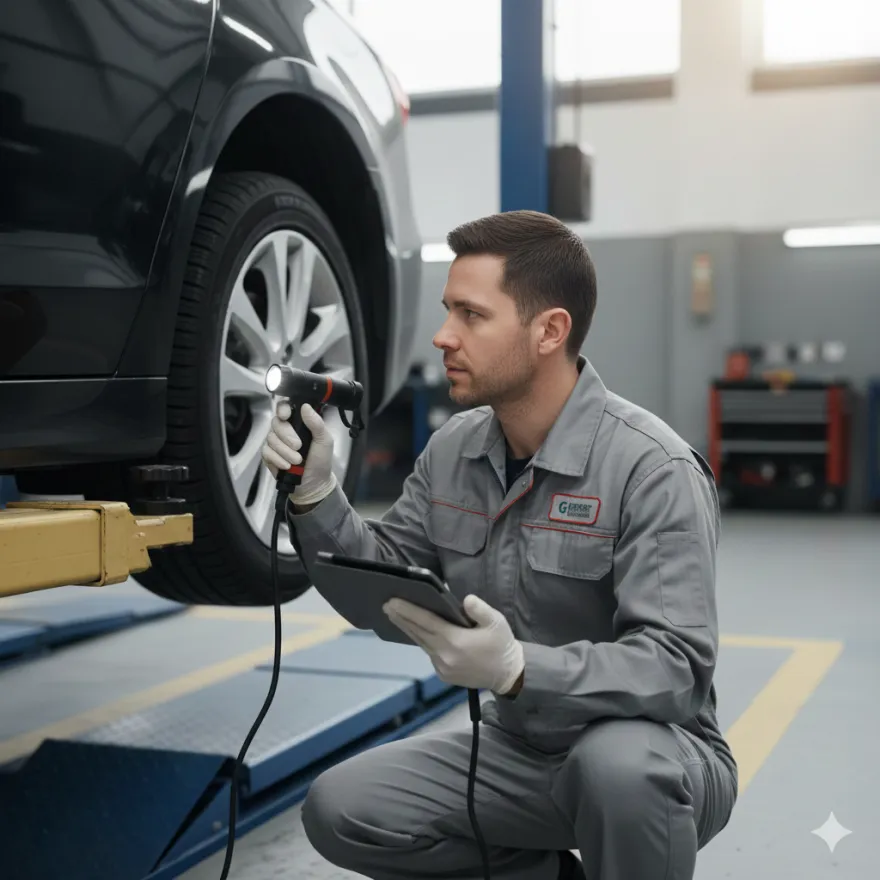 Inspector examining a vehicle in a garage
