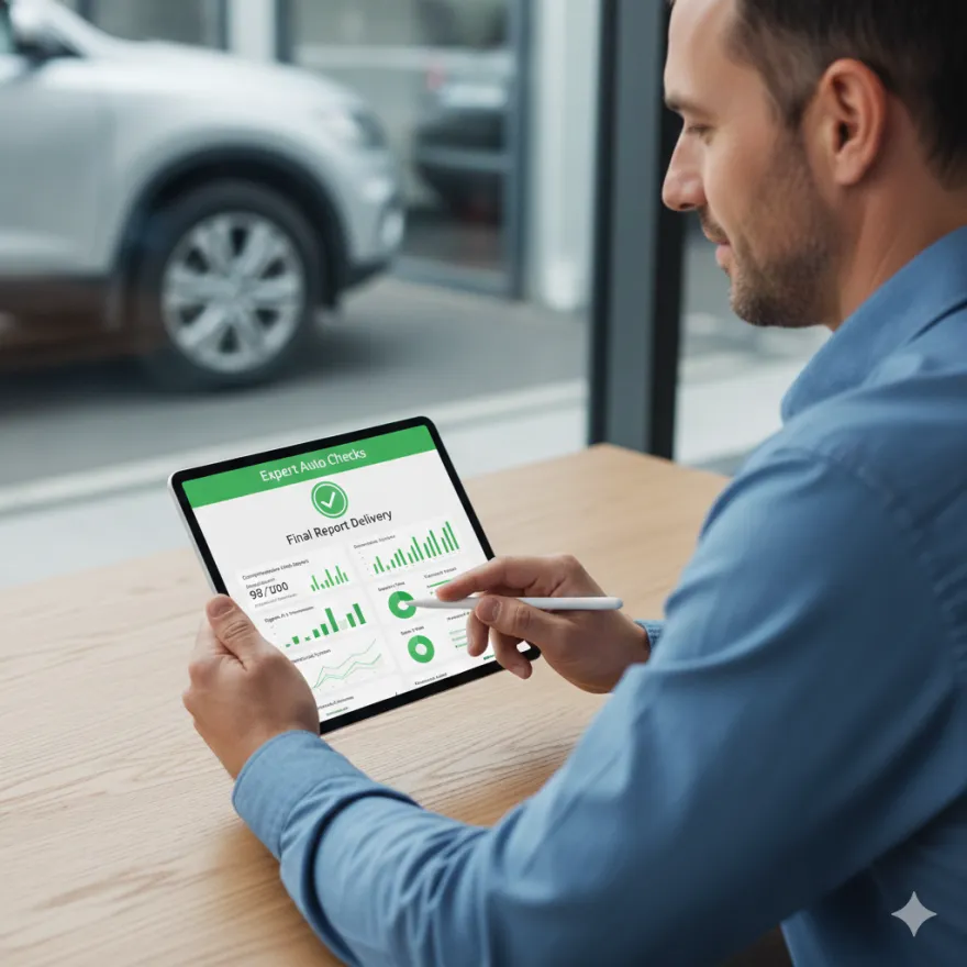 Reviewing the inspection report on a tablet